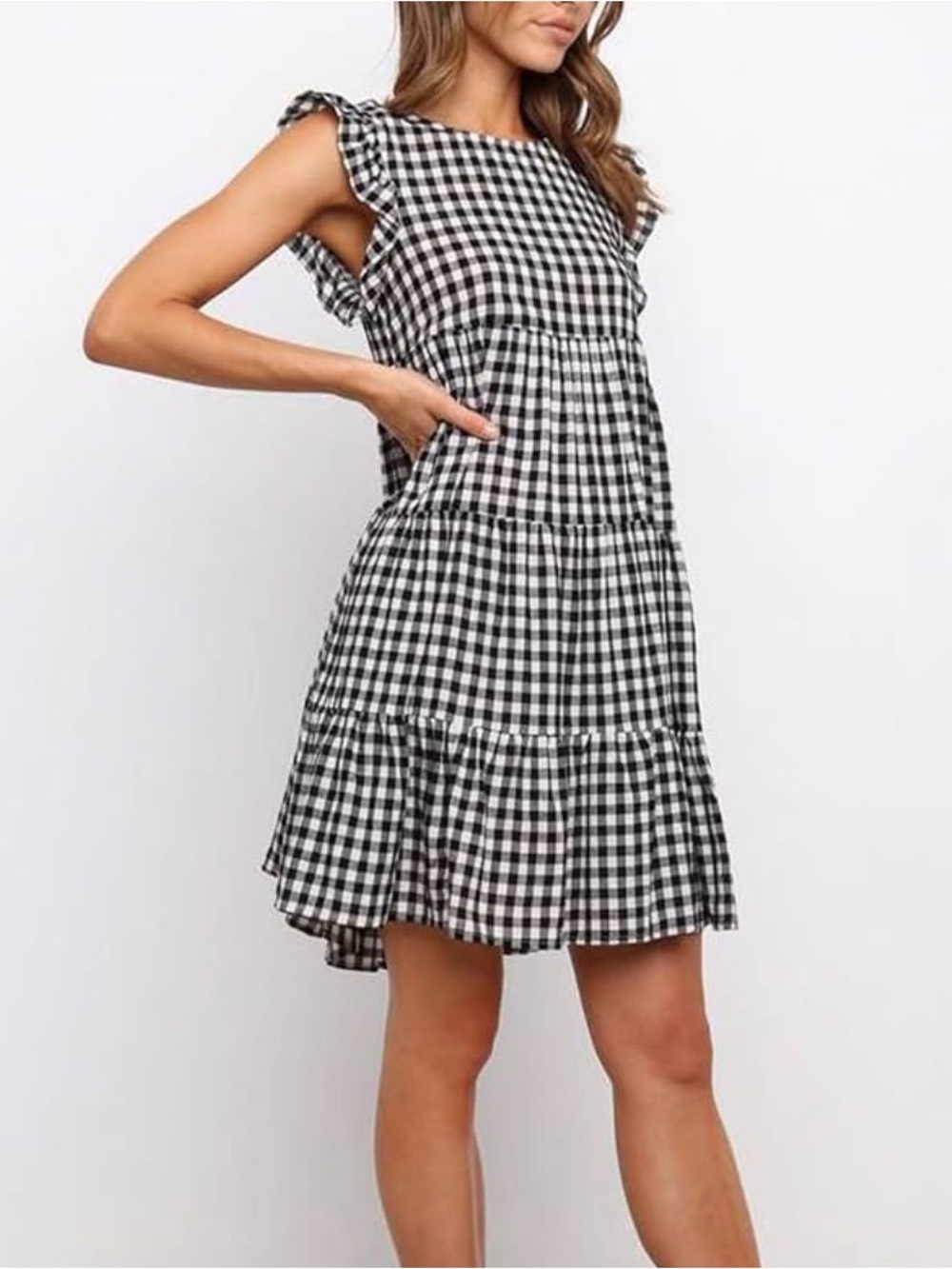 Jacqui E Black and White Gingham Tiered Mini Dress